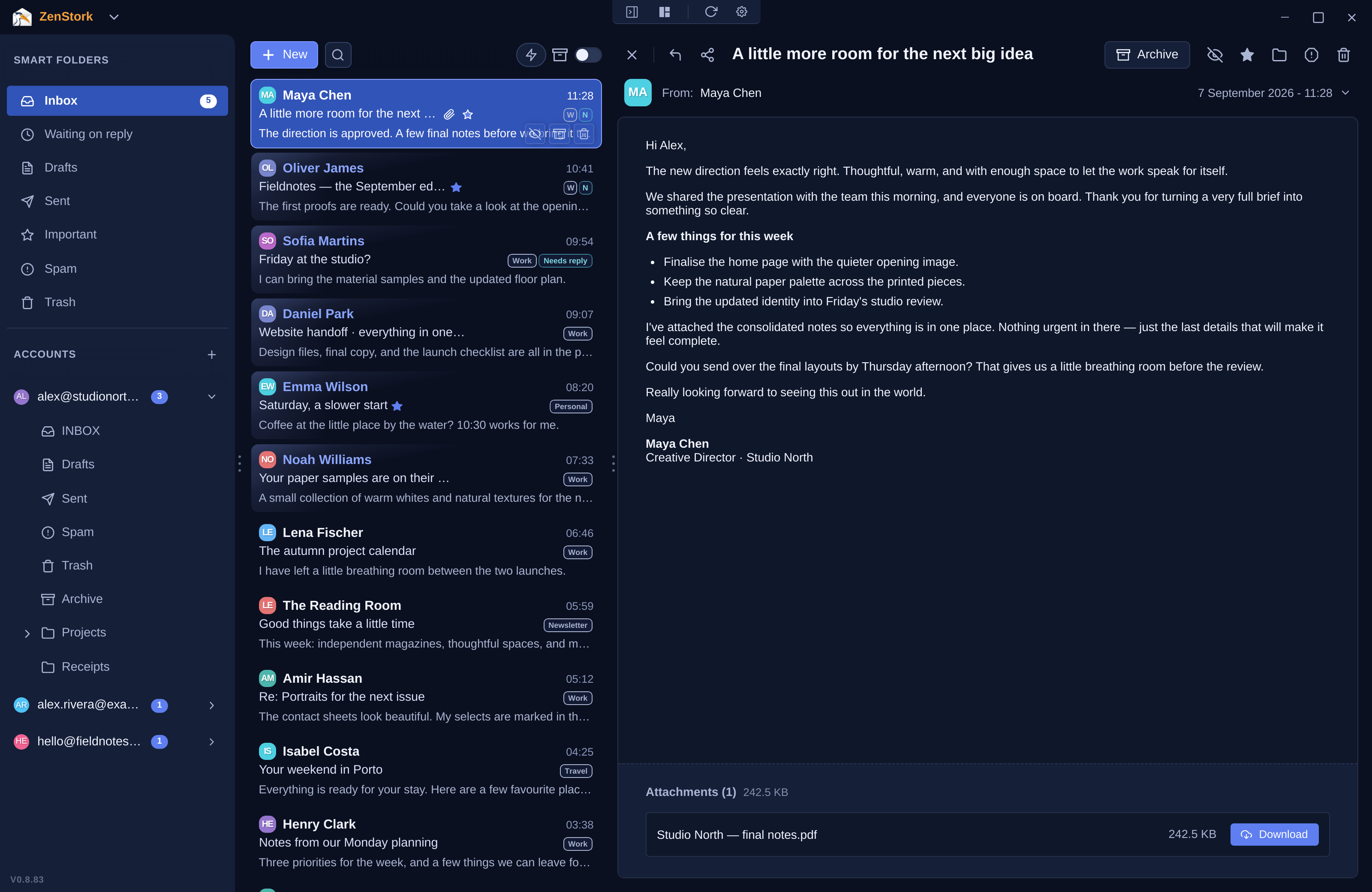 The full ZenStork reading workspace with a sample project conversation open, an account sidebar and a populated inbox.