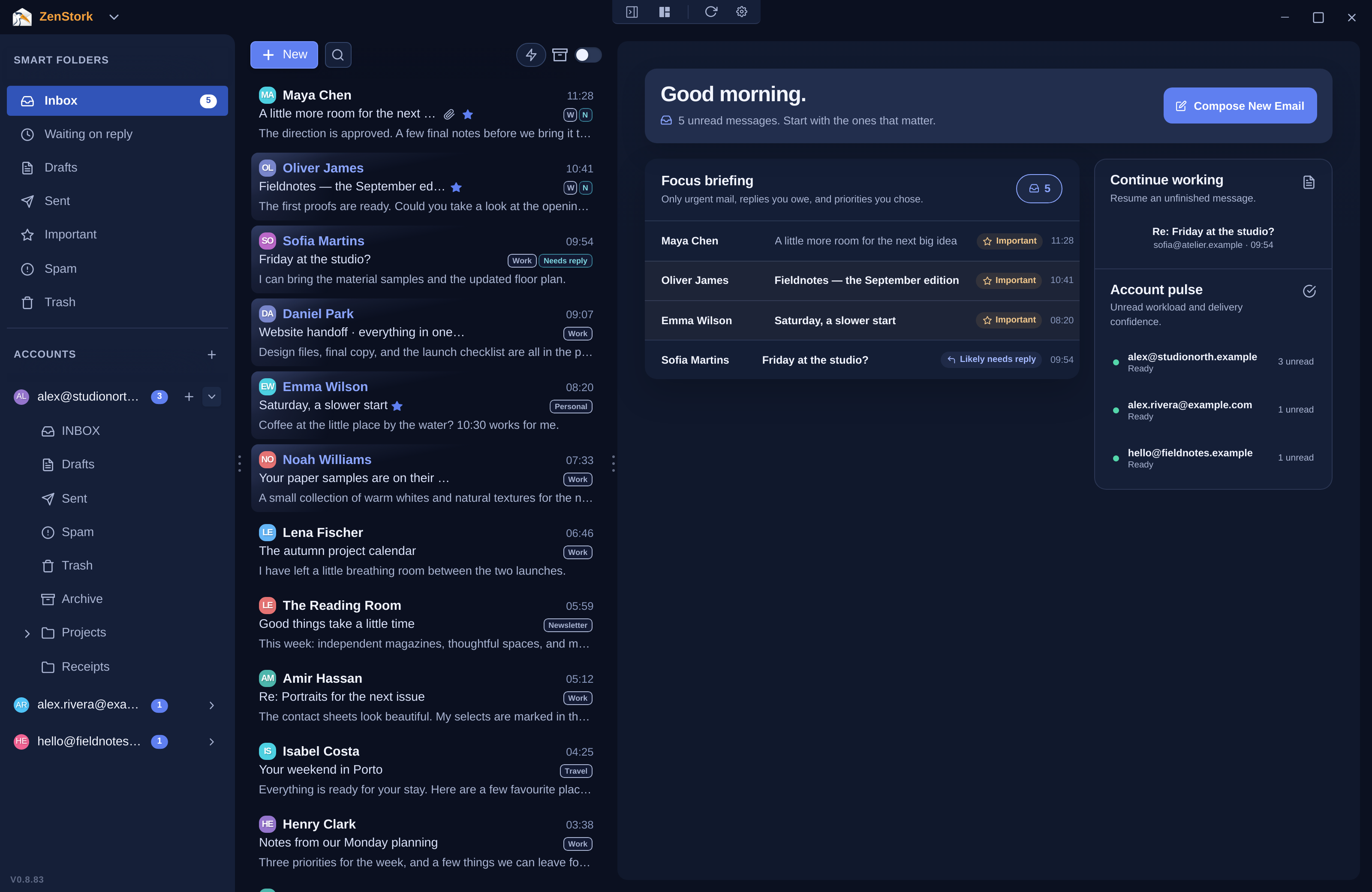 ZenStork’s real desktop dashboard brings priority conversations, unread mail and accounts into one workspace. Sample mail shown.